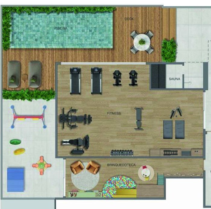 Planta ilustrada do lazer do Baume Icaraí, com piscina, academia, sauna e brinquedoteca