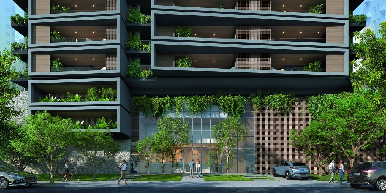 Perspectiva do acesso do Baume Icaraí, com hall de pé-direito duplo e área verde